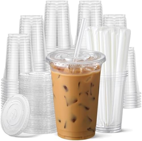 AOZITA 100 Pack - 24 oz Clear Plastic Cups with Lids and Straws, Food Safe Disposable Iced Coffee Cups for Cold Beverages, Smoothies, Iced Coffee, Leak-Proof, BPA-Free