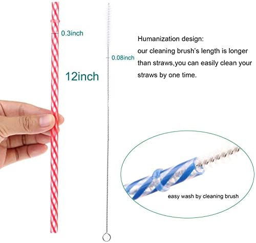 Dakoufish 12 Piece 12 Inch Reusable Plastic Thick Drinking Straws BPA Free Mason Jar Straws Transparent Small Stripe (12inch, Mix 12color)