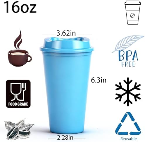 16oz Reusable Plastic Coffee Cups with Lids, 13 Pack, Blue