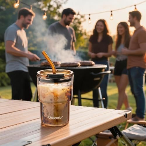 BLUEPOLAR 13oz/400ml Glass Water Tumbler with Straw and Lid Sealed Carry On Thick Wall Iced Coffee Cup Glass Cup for Water, Iced Tea Fruit Juice Etc (Amber-4Pack)