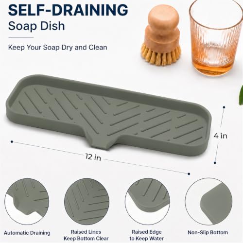 MicoYang Silicone Soap Dish with Drain Spout — Self-Draining Double Sink Organizer Tray for Kitchen & Bathroom, Dispensers, Sponges & Soap Holder, Non-Slip & Dishwasher Safe, Grey (Large, 12"×4")