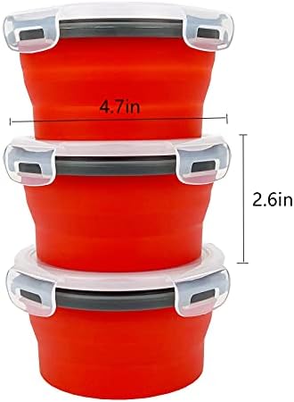 CCyanzi 3piece Round Collapsible Bowl with Lids, Silicone Food Storage Containers, Microwave & Freezer Safe, Space Saving for Kitchen Cabinet and Camping Backpack,(Red Gray)