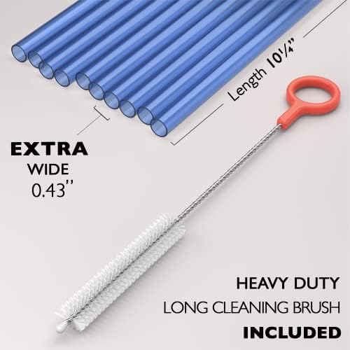 Fiesta First 10 EXTRA WIDE Long Reusable Hard Plastic Drinking Straws + Cleaning Brush - Fat Thick Large Jumbo Straws for Smoothies and Milkshakes - Blue - Dishwasher Safe BPA Free