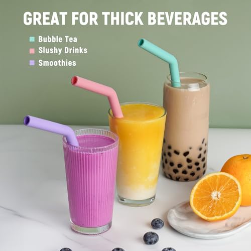 NiHome 6 PCS Extra Wide Reusable Bent Silicone Straws for Boba & Smoothies