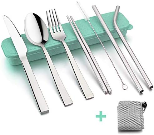 HaWare Portable Travel Utensils with Case, Stainless Steel Silverware Set for Camping Office School Lunch, Including Knife Fork Spoon Chopsticks, Reusable and Dishwasher Safe(Green)