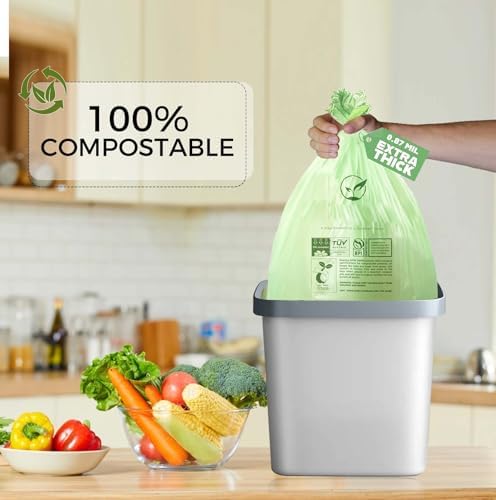 13 Gallon Compostable Trash Bags with Flat-Top, Thick 0.87 Mil, 49.21 Liter, 50 Bags, Tall Kitchen Food Scrap Waste Bag, ASTM D6400, US BPI and OK Compost Home Certified