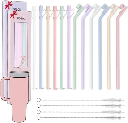 Doboli 12 Pack Replacement 12&13 inch Long Silicone Straw With Straw Cover,Compatible with Stanley 40 oz 30 oz Cup Tumbler, Reusable Straws with Cleaning Brush,for Stanley Tumbler Accessorie