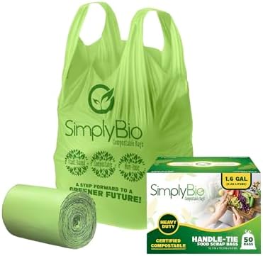 Simply Bio 1.6 Gallon Compostable Trash Bags Liners Handle, Heavy Duty Extra Thick 0.6 Mil, 6.06 Liter, 50 Bags, Small Kitchen Food Scrap Waste Bag, ASTM D6400, US BPI and OK Compost Home Certified