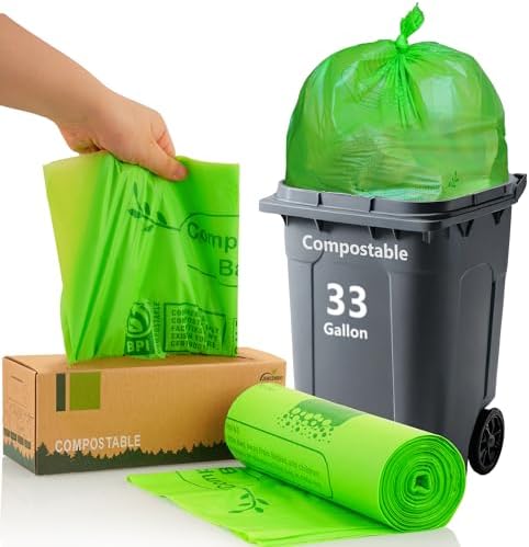 Compost Bags 33 Gallon 125 Liter Extra Thick 1.2 Mils Compostable Food Scrap Waste Bags with US BPI ASTM D6400 and Europe OK Compost Home Certified 20 Counts