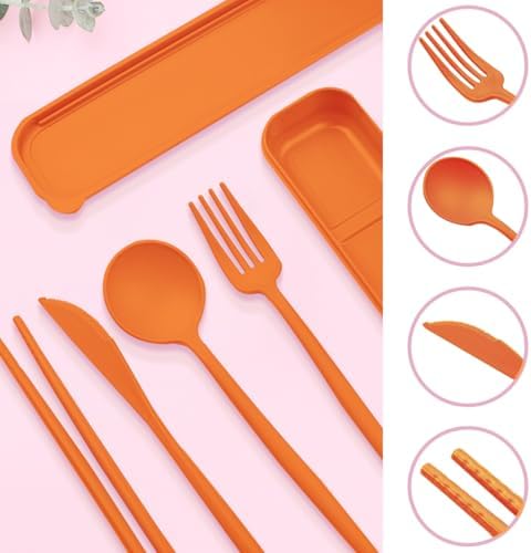 ELANE 4 Sets Reusable Travel Utensils Set with Case,Camping Cutlery Set Reusable Cutlery Set with Case,Utensil Sets for Lunch Picnic Daily Use Outdoor (orange)
