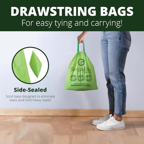 Simply Bio 3 Gallon Compostable Trash Bags Liners Drawstring, Heavy Duty Extra Thick 1 Mil, 11.36 Liter, 50 Bags, Small Kitchen Food Scrap Waste Bag, ASTM D6400, US BPI and OK Compost Home Certified