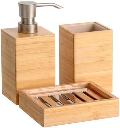 Clasin Home Bamboo Bathroom Accessories Set, 3 Pcs Wood Bathroom Accessories Soap Dispenser, Toothbrush Holder, Soap Dish, Kitchen Soap Dispenser Set for Home Decor, Housewarming Gift