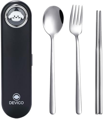DEVICO Travel Utensils with Case Cute, Reusable Silverware for Lunch, 4Pcs Portable Cutlery Set, 18/8 Stainless Steel Fork Spoon Chopsticks in Cartoon Case, Dishwasher Safe (Black)