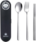 DEVICO Travel Utensils with Case Cute, Reusable Silverware for Lunch, 4Pcs Portable Cutlery Set, 18/8 Stainless Steel Fork Spoon Chopsticks in Cartoon Case, Dishwasher Safe (Black)