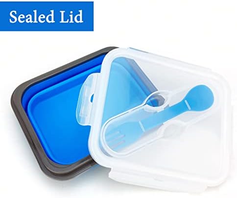 Small Silicone Collapsible Snacks Container with lid and 2 in 1 Spoon & Fork, Food Grade Silicone Bento Lunch Container, For Leftovers Meal Prep, Microwave/Freezer/Dishwasher Safe, 700ml