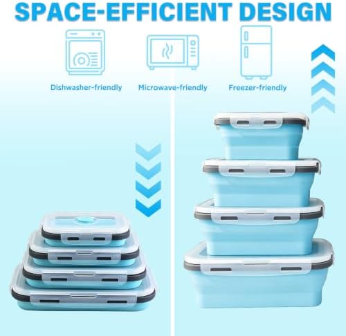 Decorwell 4 Collapsible Food Storage Containers, 12/17/27/40 oz Food-Grade Silicone Set, Leakproof Food Containers for Kitchen Office Camping Picnic, Blue