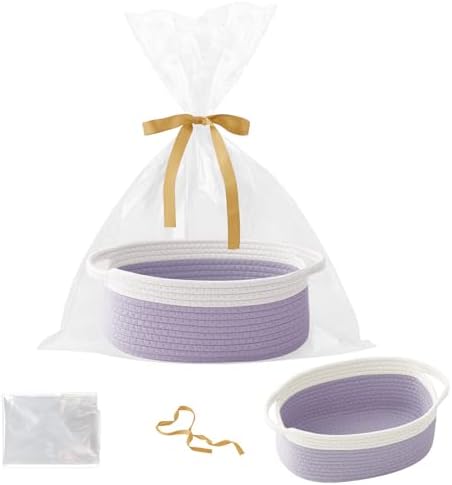 Woven Rope Basket-Baby Gift Basket with Bag & Ribbon, White&Purple