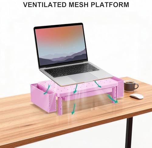 WALI Computer Monitor Stand with Storage, Desk Organizer with Drawer and Pen Holder, Desk Monitor Riser 3 Height Adjustable, Laptop Riser for Computer, Laptop, Printer (PTT003-P), 1 Pack, Pink