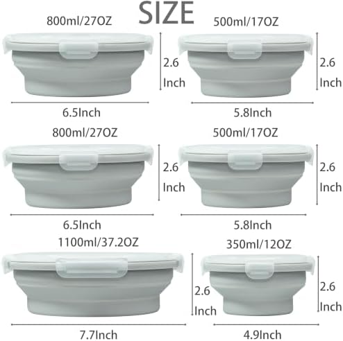Plus 6PCS Foldable Silicone Food Storage Containers for Kitchen Storage for Leftovers Fruits and Meal Prep Dishwasher Safe Microwave Safe Ideal for Home and Travel (grey, round)