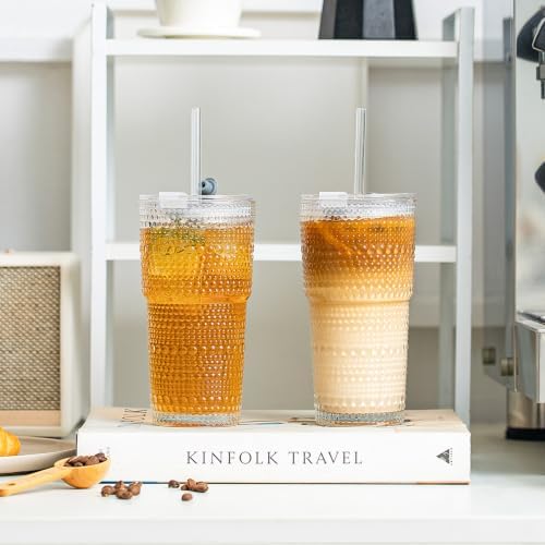 SoulTimes 20oz Hobnail Glass Tumbler with Bamboo Lids and Straws - Iced Coffee Glass Cups for Smoothie, Matcha, Juice, Water etc. Leakproof and Reusable Glassware Drinking for Travel To Go [2 Pcs]