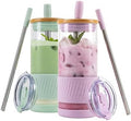 Pandaloo® Glass Cups With Lids and Straws -20 Fl Oz- Perfect Size Iced Coffee Cup - Smoothie Cup With Bamboo Lid and On the go Lid - Glass Tumbler (2 Count (Pack of 1), Lilac-Sage)
