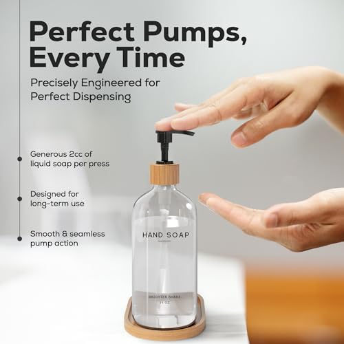 Clear Glass Hand and Dish Soap Dispenser Set by Brighter Barns - Kitchen Soap Dispenser Set with Bamboo Tray - Modern Kitchen Decor, Minimalist Decor (Clear)