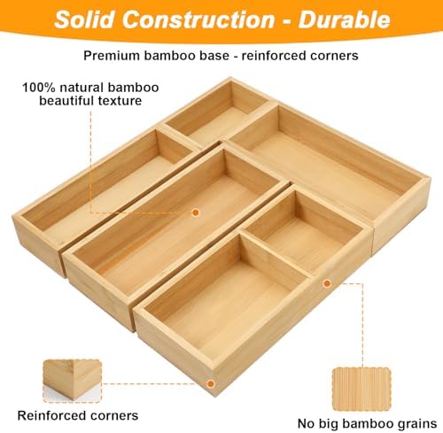 5-Piece Bamboo Drawer Organizer Storage Boxes Kitchen Multi-purpose Storage Dividers Drawer Organizer Set for Office Vanity Closet & Bathroom Kitchen Office Jewelry Cosmetics
