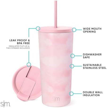 Simple Modern Insulated Tumbler with Lid and Straw | Iced Coffee Cup Reusable Stainless Steel Water Bottle Travel Mug | Gifts for Women Men Her Him | Classic Collection | 20oz | Blush Tie Dye