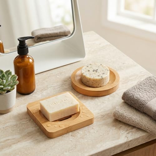 2 Pcs Bamboo Soap Dish Holders, Shower Steamer Holder, Round Natural Wooden Soap Trays, Rustic Bathroom Accessories for Kitchen Bathroom Accessories(Round and Square)