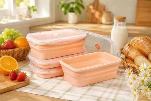 Plus 4PCS Foldable Silicone Food Storage Containers for Kitchen Storage for Leftovers Fruits and Meal Prep Dishwasher Safe Microwave Safe Ideal for Home and Travel (Pink, 40OZ)