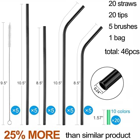 20 Pcs Black Reusable Stainless Steel Straws,10.5" & 8.5" Reusable Drinking Straws with 20 Silicone Tips 5 Straw Brushes 1 Travel Case,Eco Friendly Extra Long Metal Straw for 20 24 30 oz Tumbler