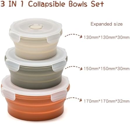 Collapsible Bowls with Lids, Reusable Silicone Food Storage Containers for Meal Prep, Camping Must Haves Accessories ， Microwave Freezer Safe Dishwasher Safe Leak Proof，Set of 3 with Lids