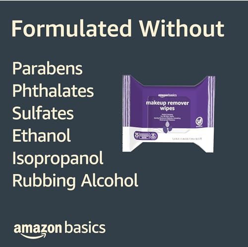 Amazon Basics Makeup Remover Wipes, Night Calming, Gentle Cleansing, Plant Based, Alcohol-Free, Removes Waterproof Mascara, Dermatologist Tested, 25 Count, 1-Pack
