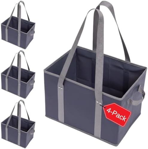 BAG-THAT! 4pk Reusable Grocery Bags Shopping Bags Tote Box Large Heavy Duty Groceries Bag Handles Foldable Reinforced Bottom (Navy Blue/Gray)