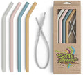 Premium Reusable Silicone Drinking Straws + Patented Straw Squeegee - 9” Long With Curved Bend for 20/30/32oz Tumblers - Neutral Pastel Colors, BPA Free, Flexible, Bendy