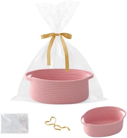 Pink Woven Rope Basket - Baby Gift Basket with Bag & Ribbon