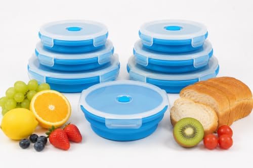 Plus 6PCS Foldable Silicone Food Storage Containers for Kitchen Storage for Leftovers Fruits and Meal Prep Dishwasher Safe Microwave Safe Ideal for Home and Travel (blue, round)