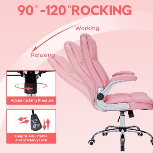 400lbs Executive Office Chair with Flip-Up Armrests, Big and Tall Computer Chair for Heavy People, Heavy Duty Ergonomic Comfy Chair, Breathable PU Leather (Pink)