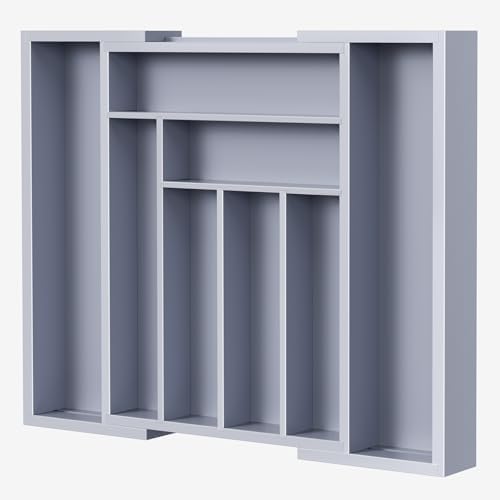 Pipishell Bamboo Expandable Drawer Organizer for Utensils Holder, Adjustable Cutlery Tray, Wood Drawer Dividers Organizer for Silverware, Flatware, Knives in Kitchen, Bedroom, Living Room(Grey)