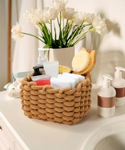 Small Cotton Rope Basket 2 Pack, Khaki White Shelf Bins for Desk Vanity