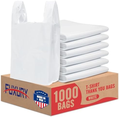 Fuxury Plastic Bags White (Plain) with Handles 1000 Pack