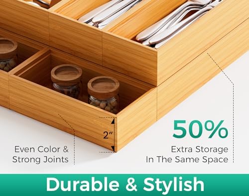 Long Bamboo Kitchen Drawer Organizer Boxes 17" x 6" Wood Pantry Organizers