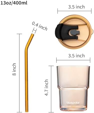 BLUEPOLAR 13oz/400ml Glass Water Tumbler with Straw and Lid Sealed Carry On Thick Wall Iced Coffee Cup Glass Cup for Water, Iced Tea Fruit Juice Etc (Amber-4Pack)