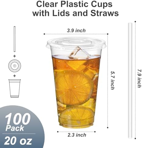 Dealusy 100 Pack - 20 oz Clear Plastic Cups with Lids and Straws