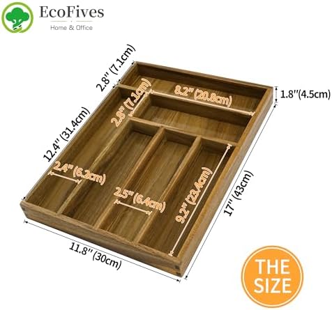 EcoFives Luxury Acacia Kitchen Drawer Organizer - Silverware Organizer - Utensil Holder and Cutlery Tray with Grooved Drawer Dividers for Flatware and Kitchen Utensils (6 Slot)
