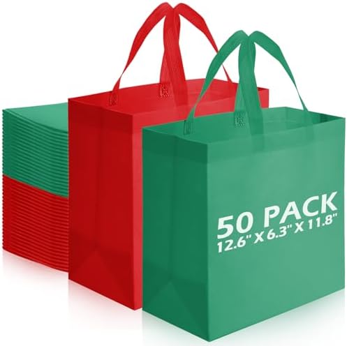 Reginary 50 Pcs Reusable Tote Bags Shopping Bags Non Woven, Red, Green