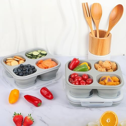 4-Compartment Collapsible Silicone Snack Containers (2-Pack), Leakproof Bento Box for Adults Portion Control, Space Saving Food Storage snakle box with Airtight Clip Lids, Microwave Safe (2)