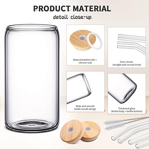 DWTS DANWEITESI Glass Cups with Lids and Straws 8 pcs,16 oz Glass Iced Coffee Cups with Lids-Clear Glass Coffee Cups,Cute Glass Cups for Coffee Bar Accessories Gifts