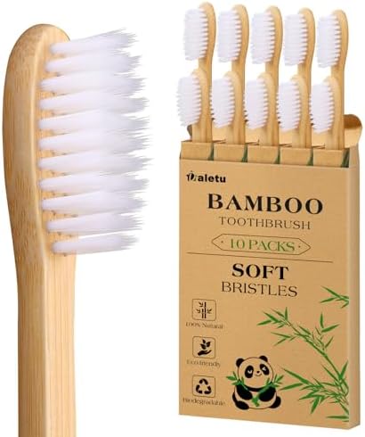 Daletu Bamboo Toothbrush Soft Bristle10-Pack, Biodegradable BPA Free Natural Toothbrush, Eco-Friendly, Wooden Organic Non-Plastic Travel Toothbrushes for Adults