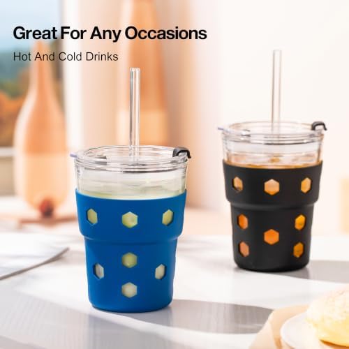 Mrsdry 12oz Iced Coffee Cup with Lids and Straws, BPA Free Reusable Glass Coffee Cups with Silicone Sleeves for Coffee, Iced tea, Thick Wall Glass Cup